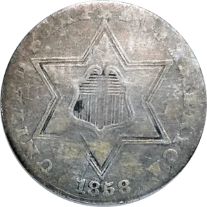 1858 Three Cent Silver Trime Obverse View