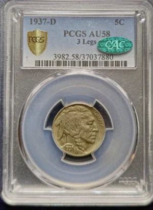 1937 D Buffalo Three Legged Nickel PCGS AU58 Obverse Holder View