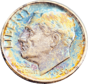 1950 Roosevelt Dime Toned Obverse View