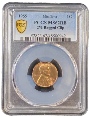 1955 Lincoln Wheat Cent Ragged Clip PCGS Obverse Holder View