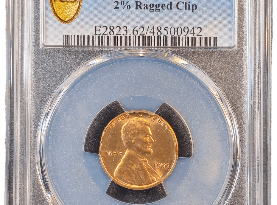 1955 Lincoln Wheat Cent Ragged Clip PCGS Obverse Holder View