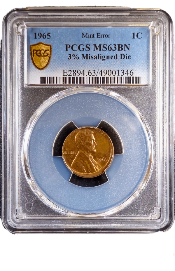 1965 Lincoln Cent 3% Misaligned Die Obverse Holder View