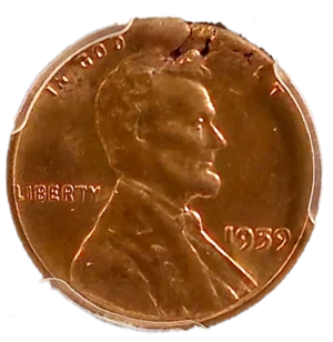 20240531_004412 1959 Lincoln 1¢ Stuck on Defective Planchet PCGS MS62 RB Obverse