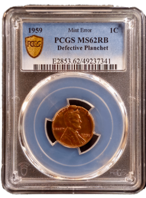 1959 Lincoln 1¢ Stuck on Defective Planchet PCGS MS62 RB Obverse Holder