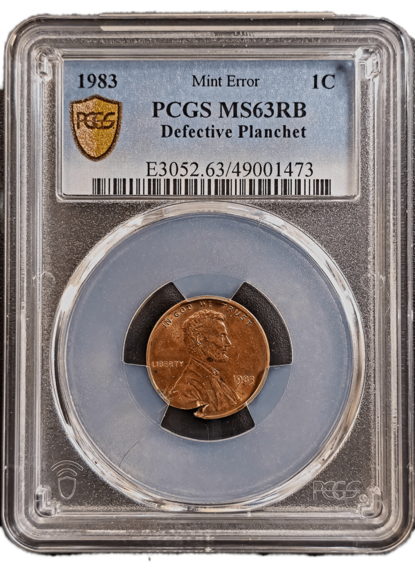 1983 Lincoln Cent on Defective Planchet PCGS MS63 RB Obverse Holder