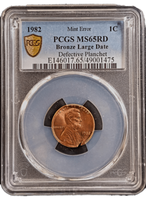 1982 Bronze Lincoln 1¢ Struck on Defective Planchet PCGS MS65 RD Obverse Holder