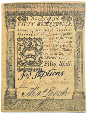 1773 Pennsylvania Colonial 50 Shilling Note Obverse View