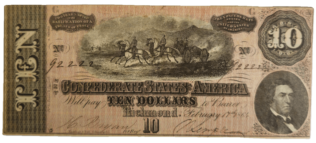 1864 Confederate States of America $10 Note T-68 Obverse View