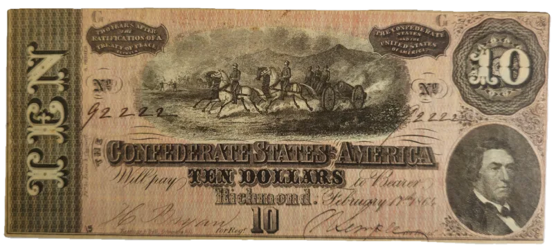 1864 Confederate States of America $10 Note T-68 Obverse View