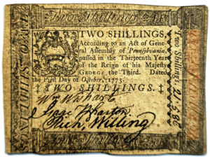 1773 2 Shilling Pennsylvania Colonial Note Obverse View