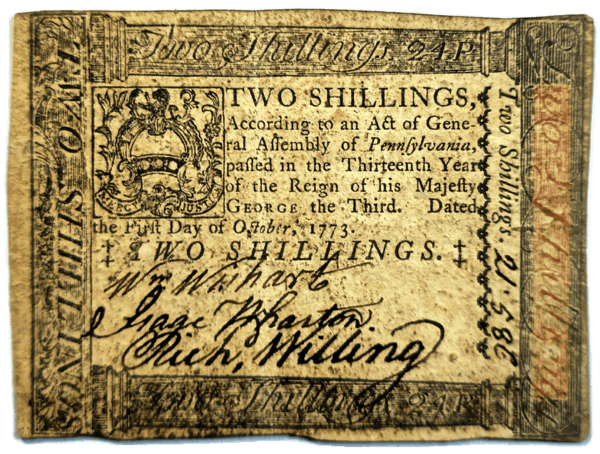 1773 2 Shilling Pennsylvania Colonial Note Obverse View