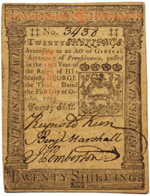 Twenty Shilling Pennsylvania Colonial Note 1773 Obverse View