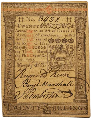 Twenty Shilling Pennsylvania Colonial Note 1773 Obverse View