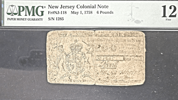 1758 New Jersey Colonial 6 Pound Note Obverse View