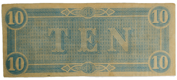 1864 Confederate States of America $10 Note T-68 Reverse View