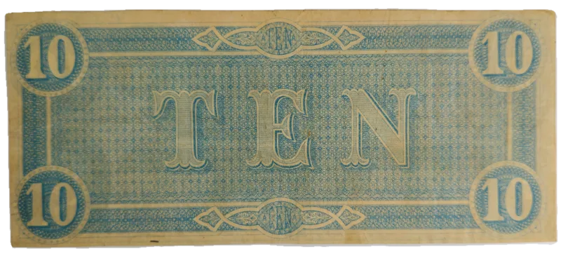 1864 Confederate States of America $10 Note T-68 Reverse View