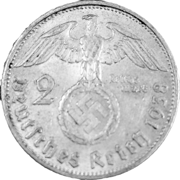 German Nazi Era 2 Reichsmarks silver reverse view