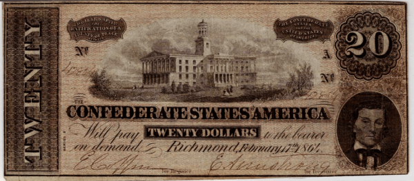 Confederate States of America $20 Note T-67 Obverse View