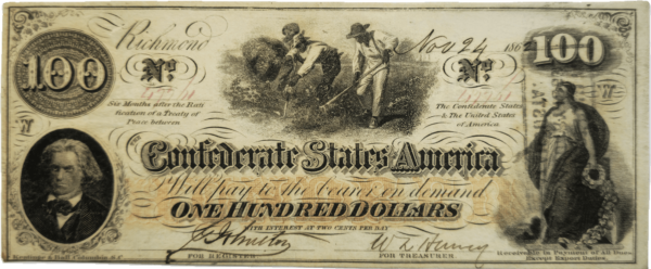 1862 Confederate States Of America $100 note T41 Obverse View