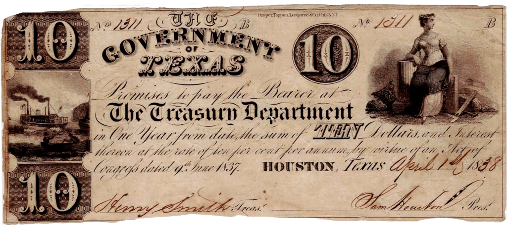 1838 Republic of Texas $10 Obverse View