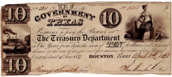 1838 Republic of Texas $10 Obverse View