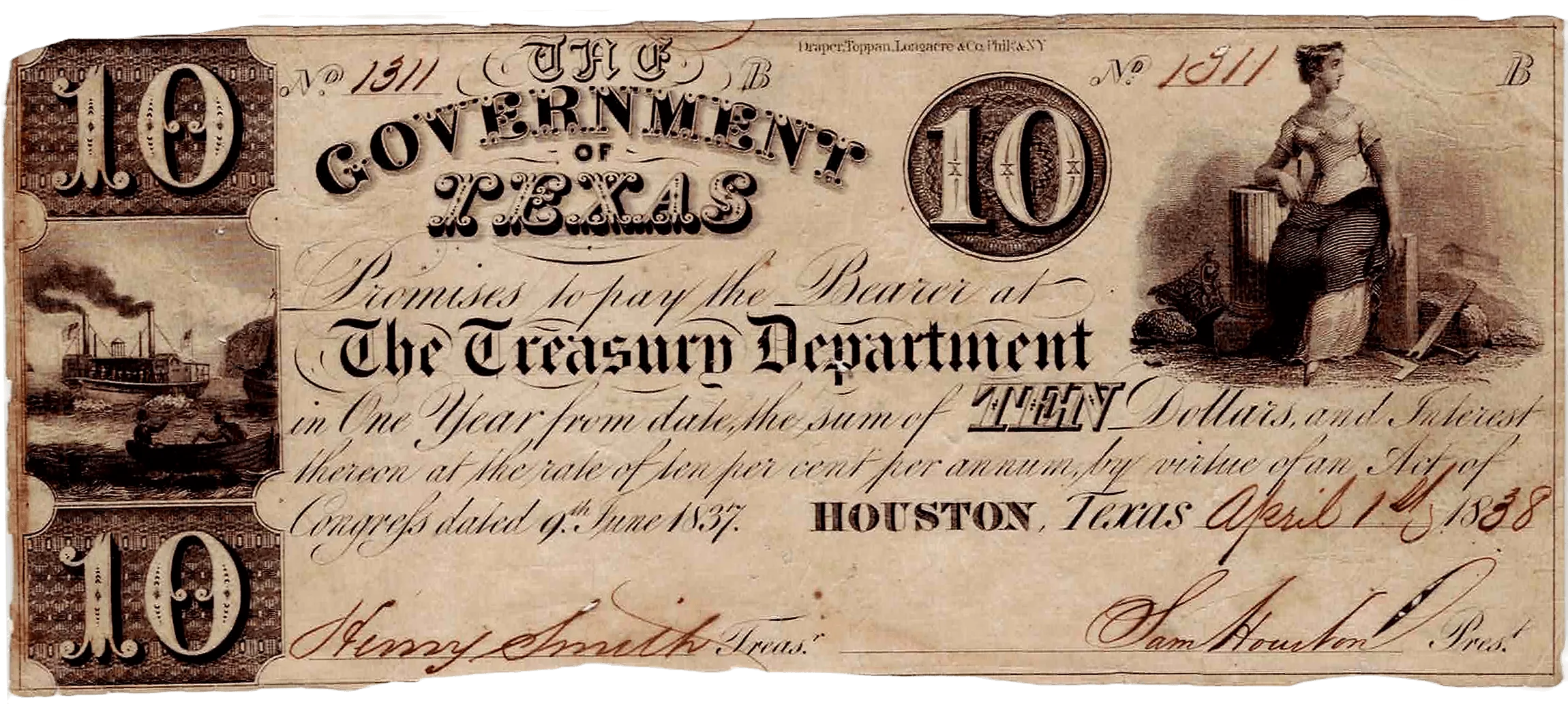 1838 Republic of Texas $10 Obverse View