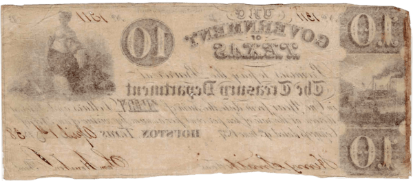 1838 Republic of Texas $10 Reverse View