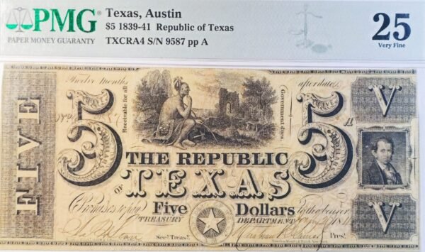 $5 Texas Redback 1839-1841 Obverse View