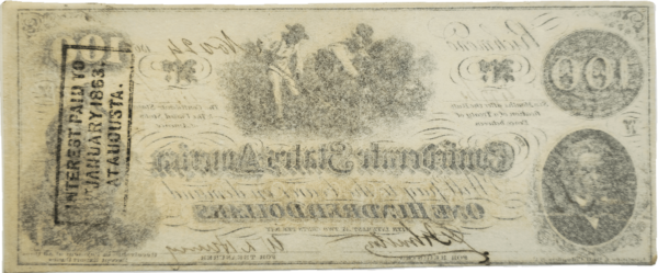 1862 Confederate States Of America $100 note T41 Reverse View