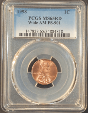 1998 Lincoln Cent Wide AM PCGS MS65 RD Obverse Holder