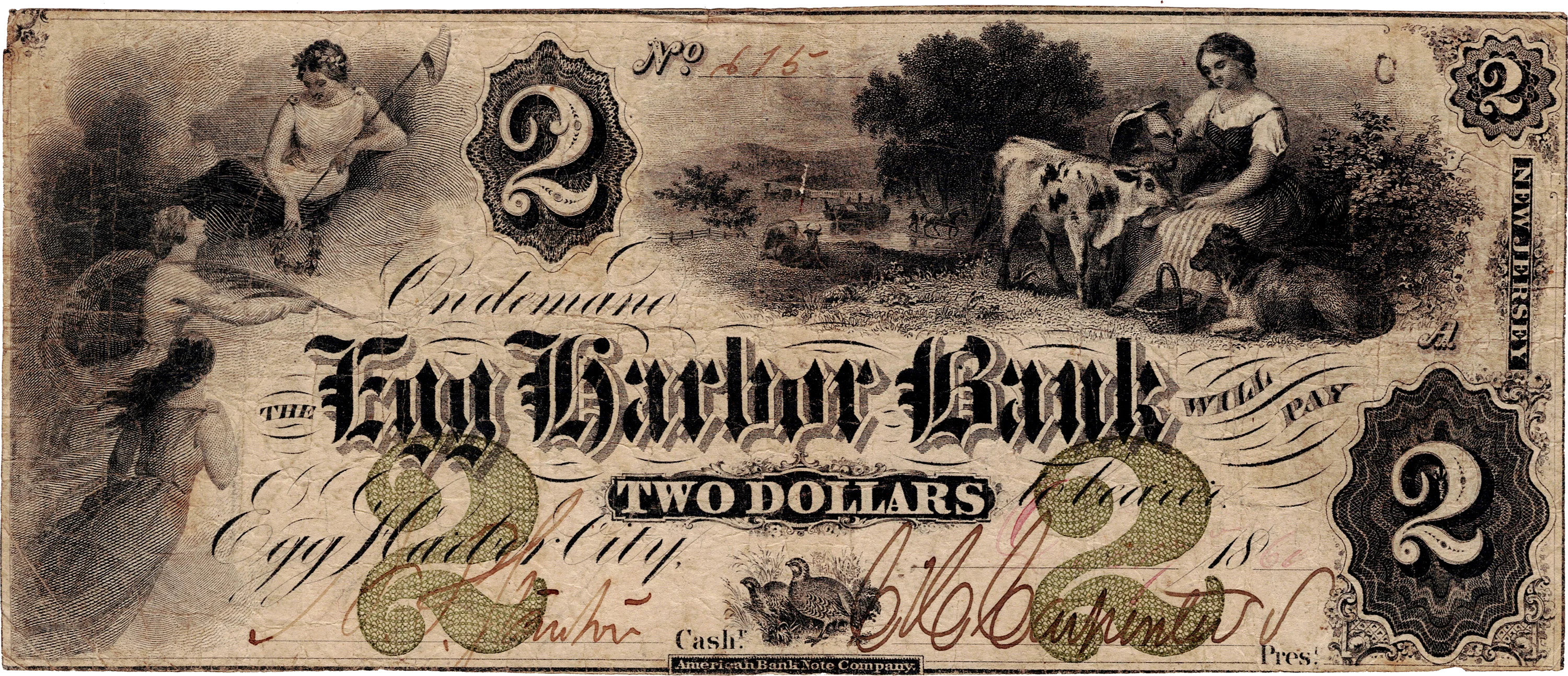 1861 $2 Egg Harbor Bank NJ Obsolete Obverse View