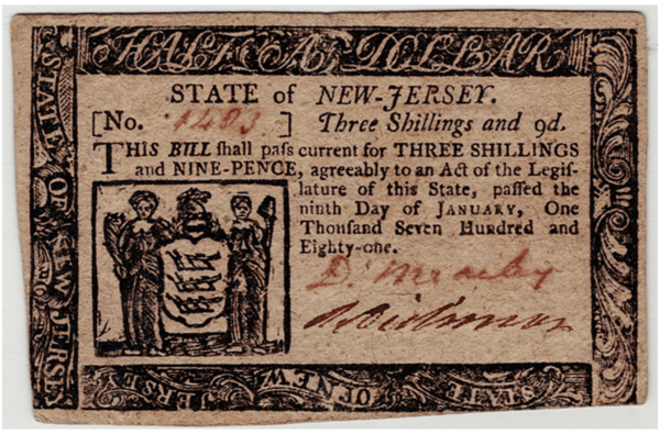 New Jersey 3 Shilling 9 Pence 1781 Note Obverse View