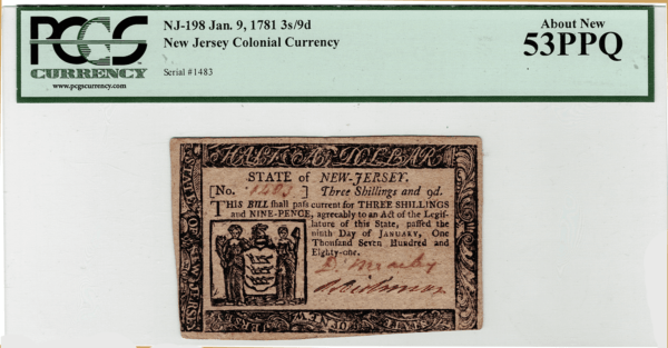 New Jersey 3 Shilling 9 Pence 1781 Note Obverse Holder View