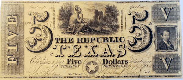 $5 Texas Redback 1839-1841 Obverse