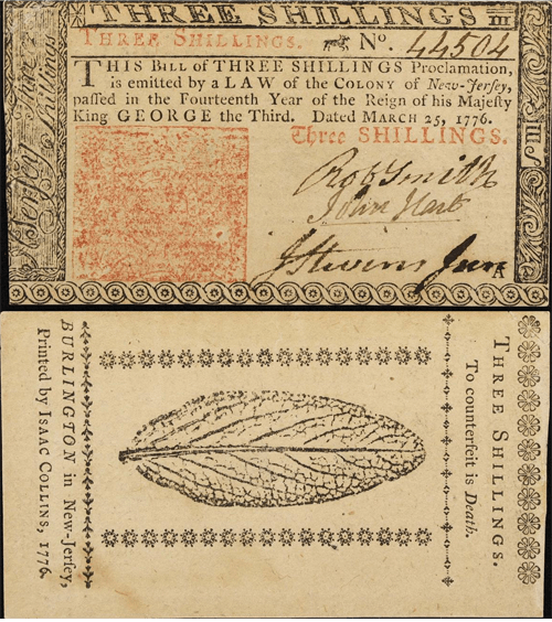 1776 3 Shilling Note NJ