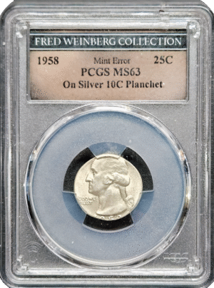 1958 Washington Quarter on silver dime planchet Fred Weinberg Collection