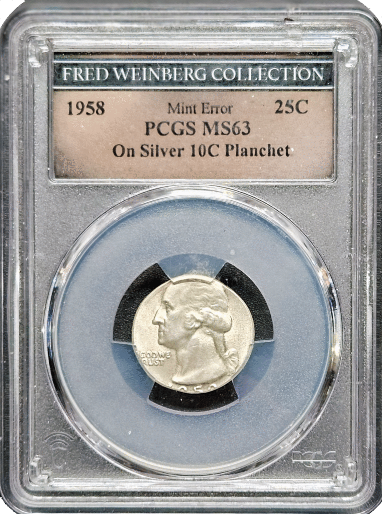 1958 Washington Quarter on silver dime planchet Fred Weinberg Collection