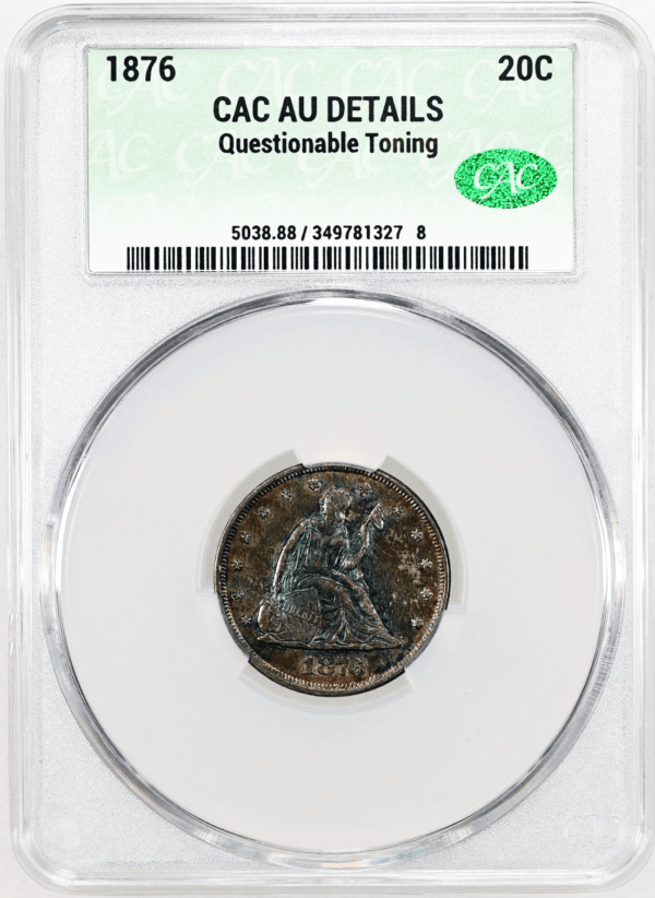 1876 CACG 20c Piece toned AU details CAC Obverse Holder View