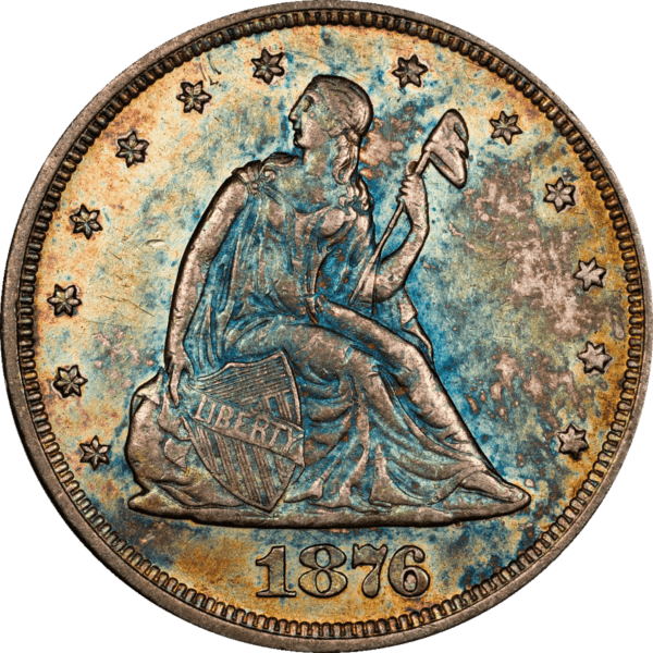 1876 CACG 20c Piece toned AU details CAC Obverse View