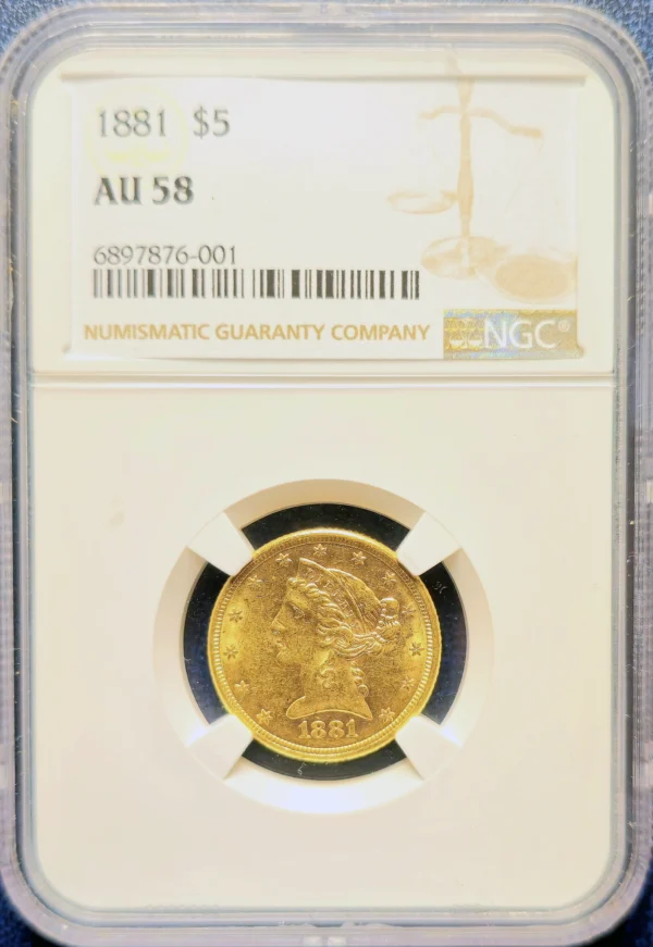 1991 $5 Liberty Head Gold NGC AU58 Obverse Holder View