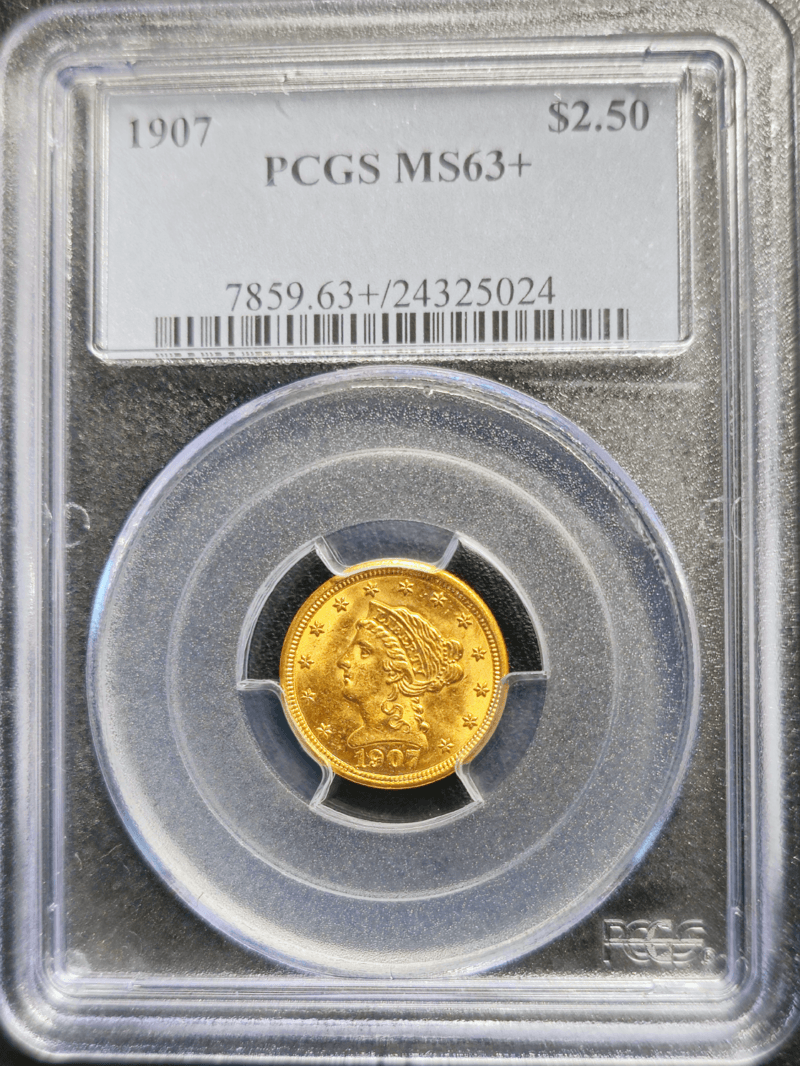 1907 $2.5 Gold Liberty Head Quarter Eagle PCGS MS63+ Obverse Holder View