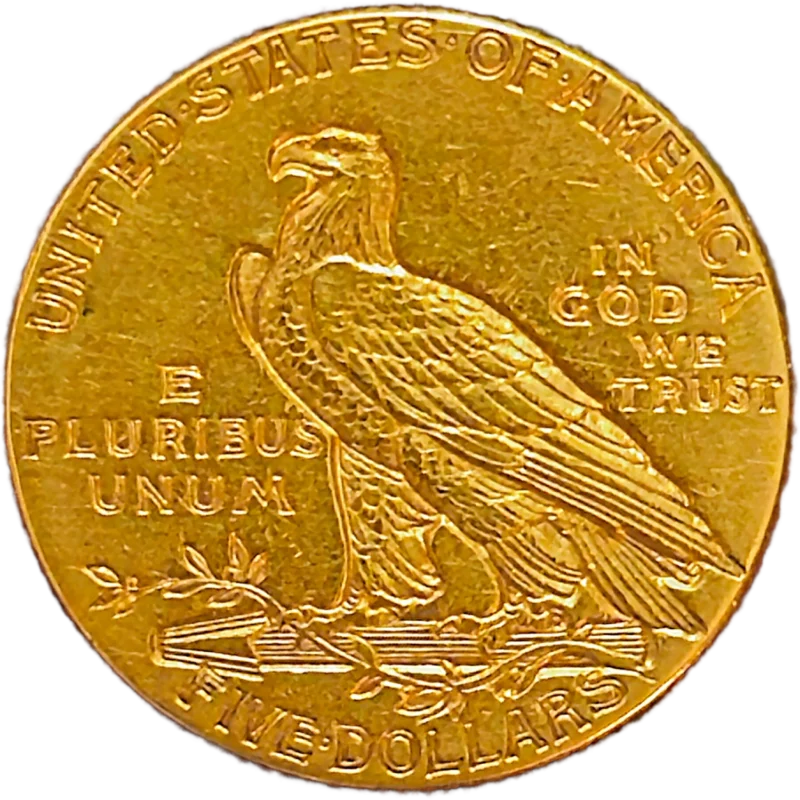 1912 $5 Indian Head Gold Coin Reverse View