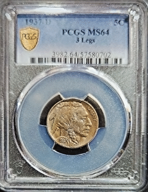 1937 D Three Legs Buffalo Nickel PCGS MS64