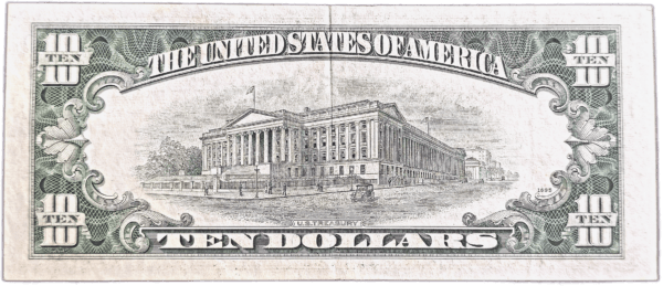 $10 federal reserve star note 1950 D series reverse view