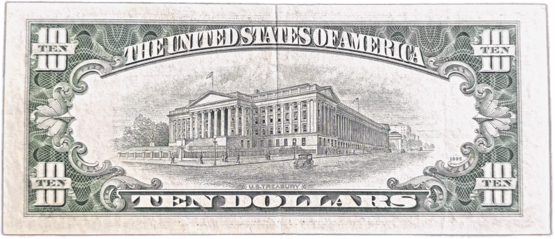 $10 federal reserve star note 1950 D series reverse view