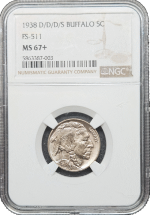 1938 D/D/D/S Buffalo Nickel MS67+ Obverse Holder View