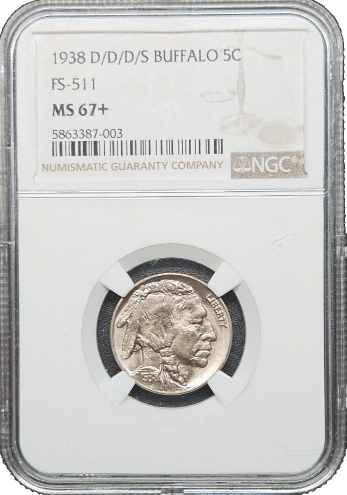 1938 D/D/D/S Buffalo Nickel MS67+ Obverse Holder View
