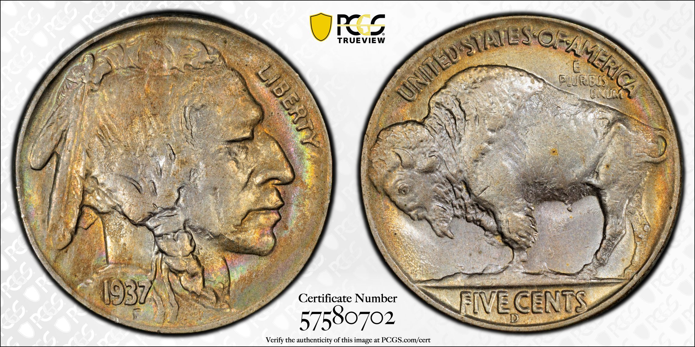 1937 D Three Legs Buffalo Nickel PCGS MS64