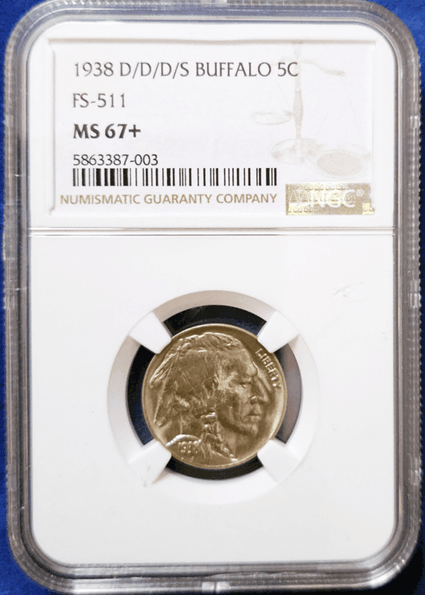 1938 D/D/D/S Buffalo Nickel MS67+ Obverse Holder View