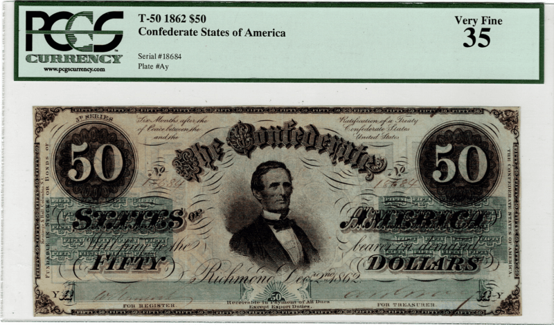 1862 Confederate States of America $50 T-52 Obverse Holder View